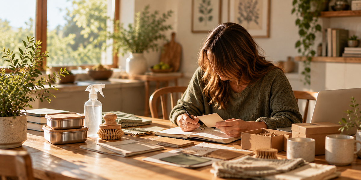 Adult reviewing healthier-home ideas at a kitchen table