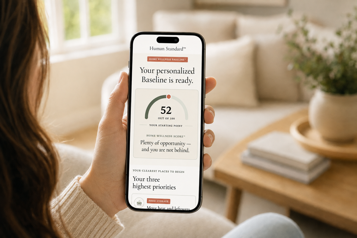 Hand holding a phone that displays a Human Standard Home Wellness Score and practical next steps.