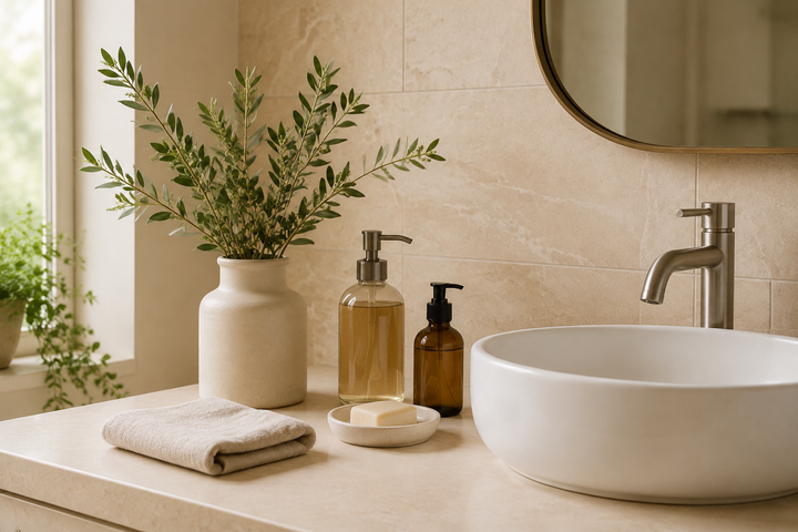 A bathroom with personal care, water, and ventilation details.