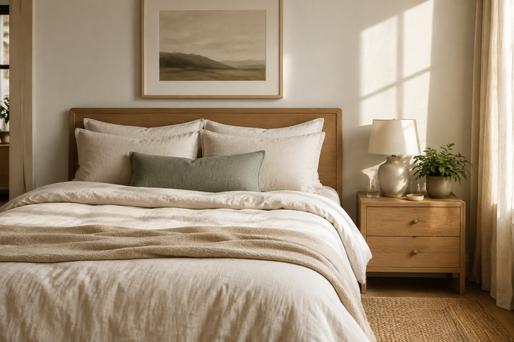 A bedroom with bedding and a calm sleep environment.