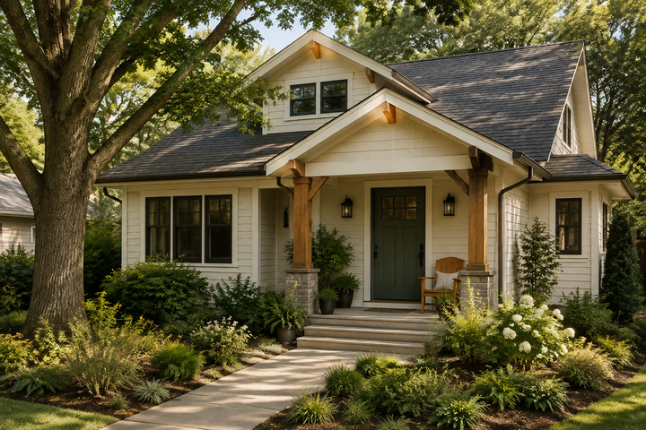The outside of a home with yard, air, and building materials in view.